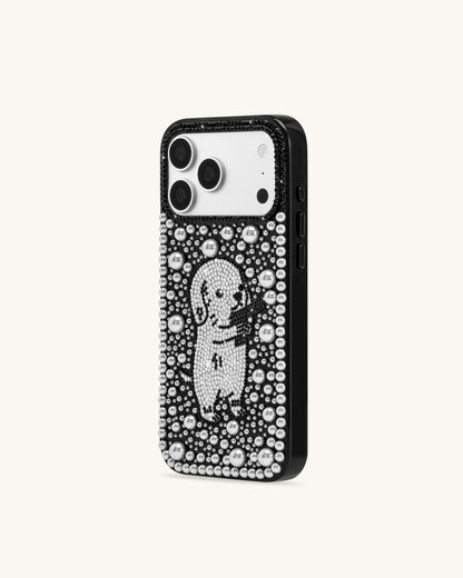 Pearl Artificial Crystal Puppy Phone Case - Black