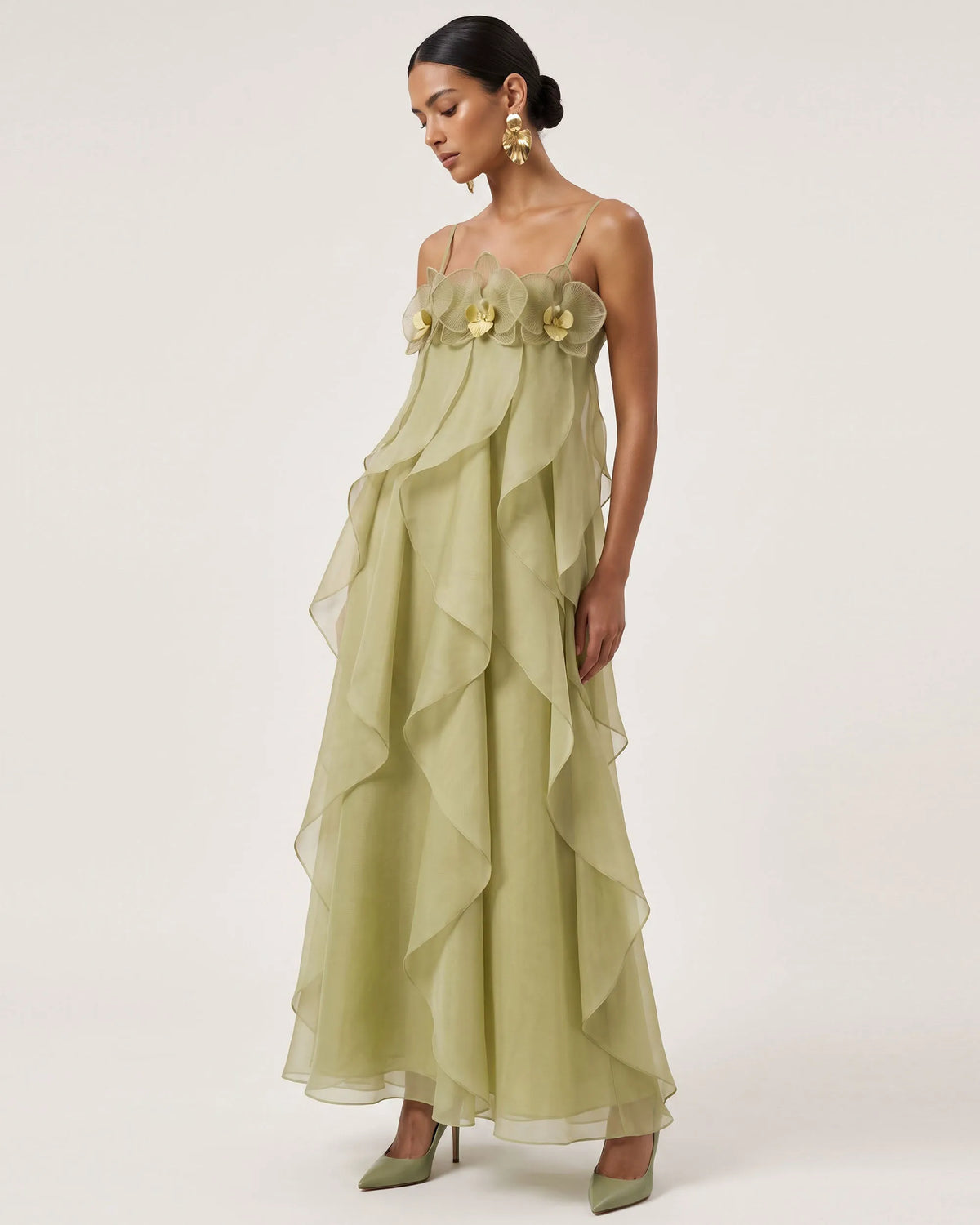 Orchid Embroidered Organza Maxi Dress - Light Green