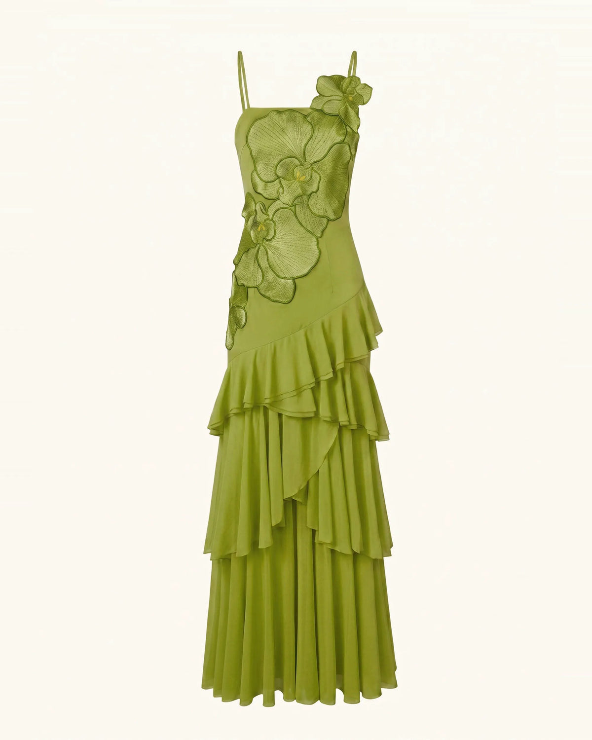 Orchid Embroidered Ruffled One-Shoulder Maxi Dress - Olive Green
