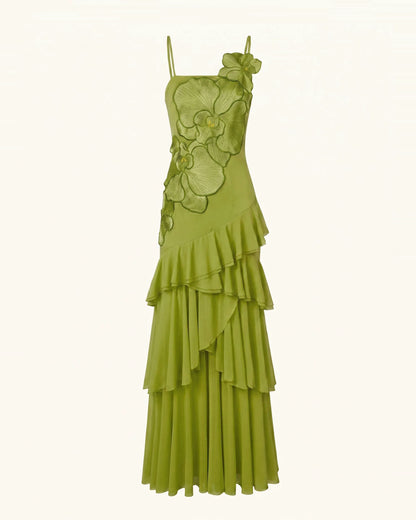 Orchid Embroidered Ruffled One-Shoulder Maxi Dress - Olive Green