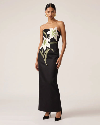 Lily Embroidered Strapless Column Maxi Dress - Black