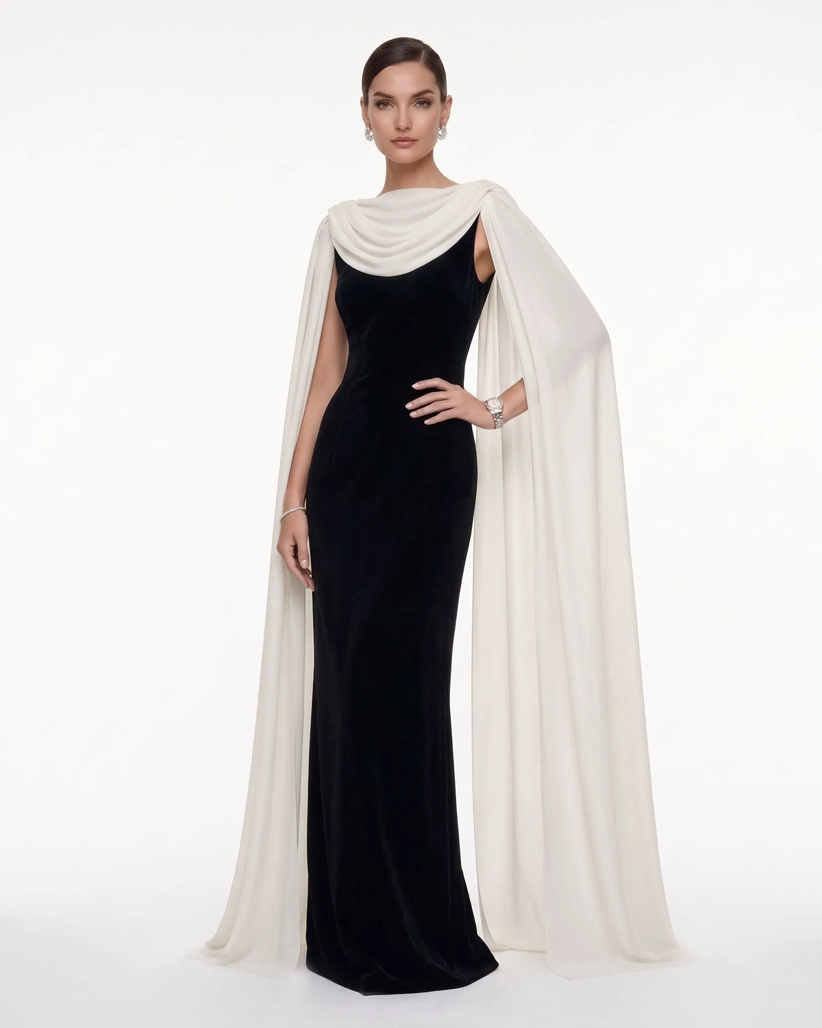 Cowl Neck Sheer Cape Maxi Gown - Black & White