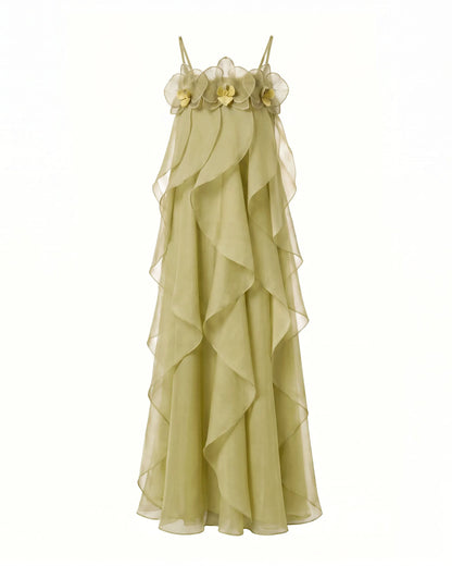 Orchid Embroidered Organza Maxi Dress - Light Green