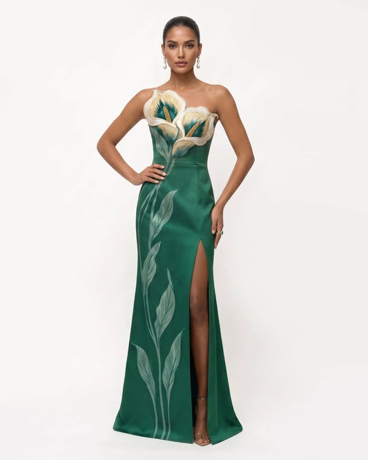 Calla Lily Strapless Slit Maxi Dress - Emerald Green