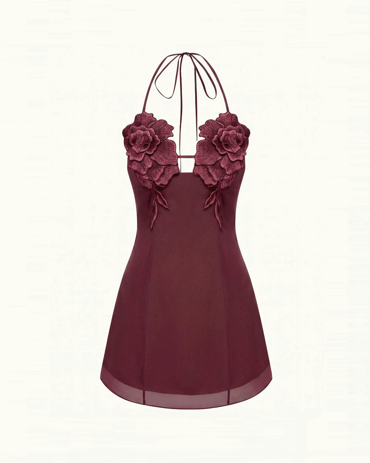 Flower Embroidered Mini Dress - Burgundy