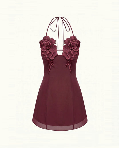 Flower Embroidered Mini Dress - Burgundy