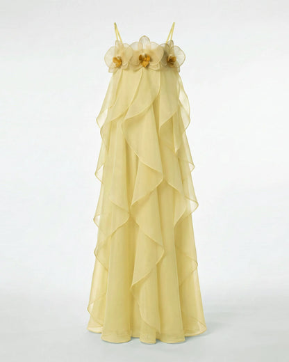 Orchid Embroidered Organza Maxi Dress - Light Yellow