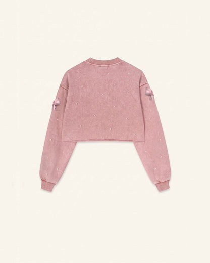 Coquette 3D Satin Bow Pearl Sweatshirt - Vintage Pink