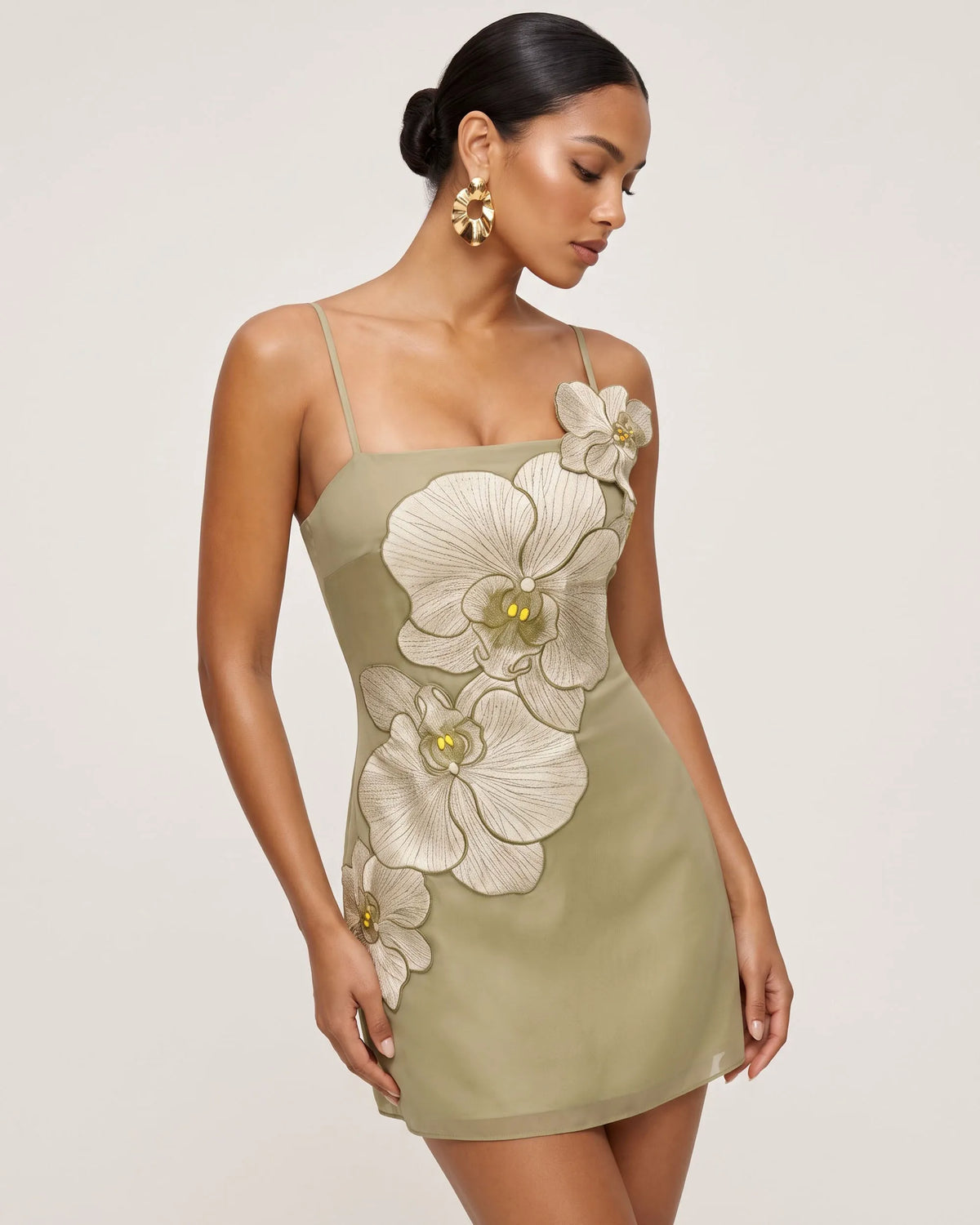 Orchid Appliqué Mini Dress - Light Khaki Grey