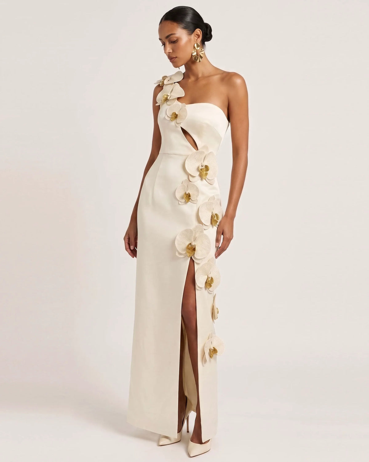 Orchid Embellished Cutout Slit Maxi Dress - Cream-colored