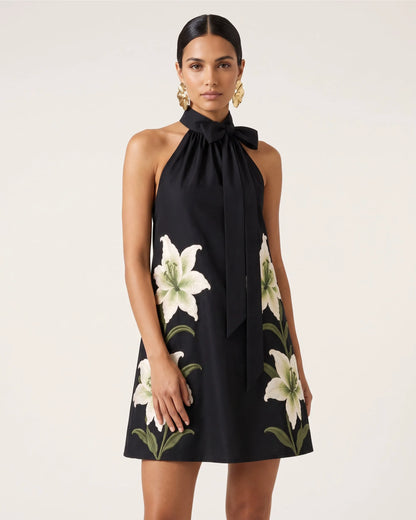 Lily Embroidered Bow Halter Mini Dress - Black