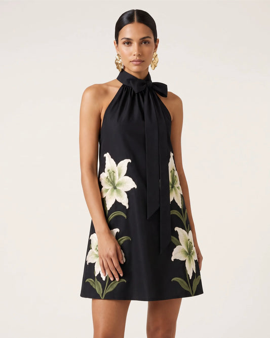 Lily Embroidered Bow Halter Mini Dress - Black