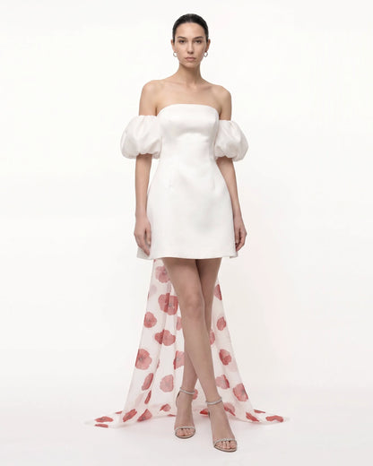 3D Floral Corn Poppy Puff-Sleeve Mini Dress with Train - Ivory