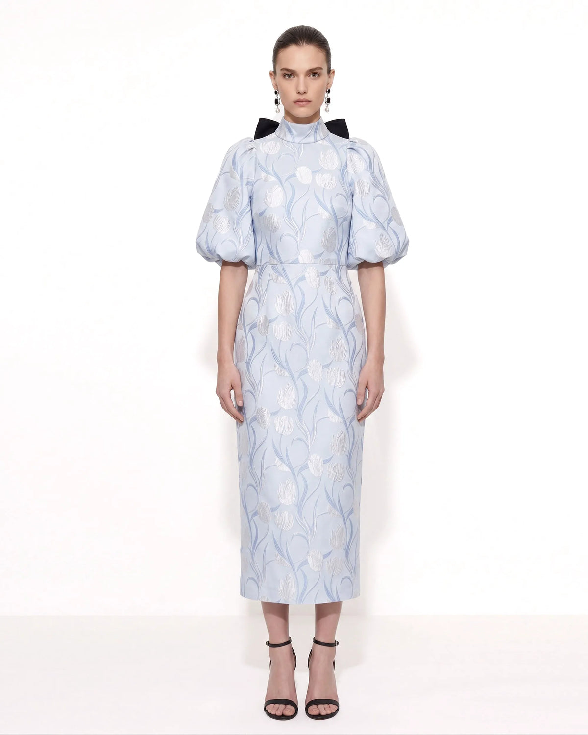Floral Jacquard Bow-Back Puff-Sleeve Midi Dress - Light Blue