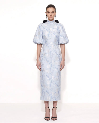 Floral Jacquard Bow-Back Puff-Sleeve Midi Dress - Light Blue