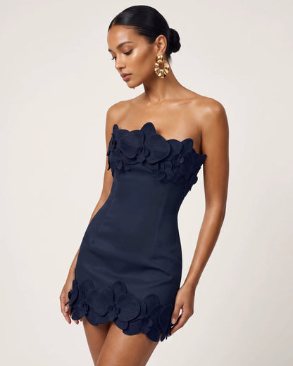 Orchid Trim Strapless Mini Dress - Dark Blue