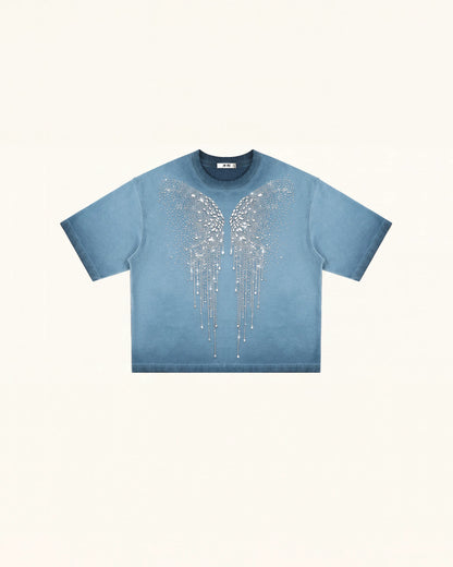 The Angelic Dripping Crystal Wings Tee - Acid Blue