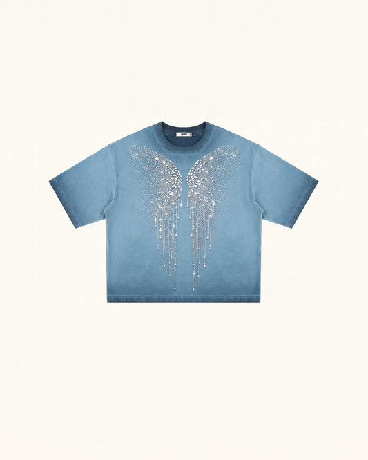 The Angelic Dripping Crystal Wings Tee - Acid Blue