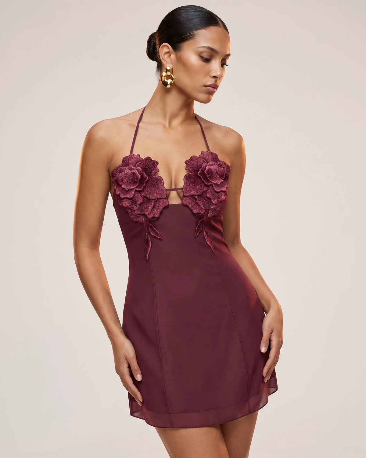 Flower Embroidered Mini Dress - Burgundy