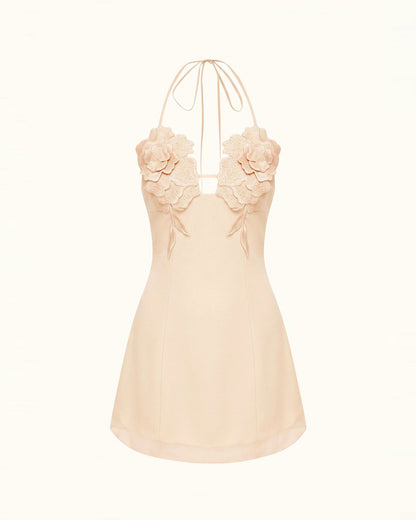 Flower Embroidered Mini Dress - Light Pinkish Flesh Color