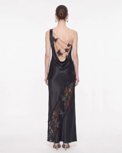 Lace Panel One-Shoulder Satin Maxi Dress - Black