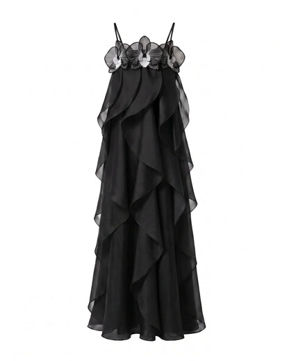 Orchid Embroidered Organza Maxi Dress - Black
