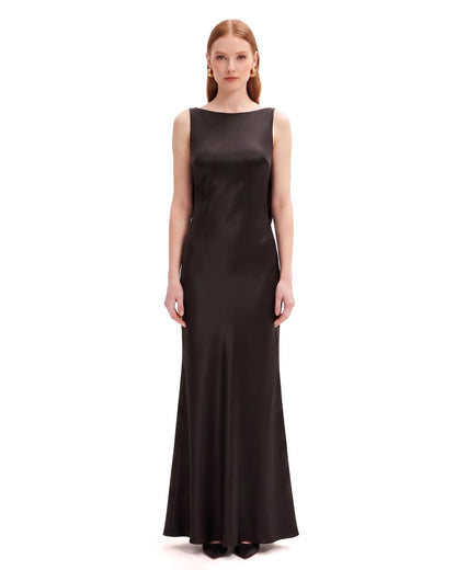 Tulip Appliqué Cowl-Back Satin Column Maxi Dress - Black