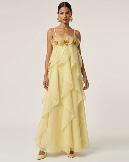 Orchid Embroidered Organza Maxi Dress - Light Yellow