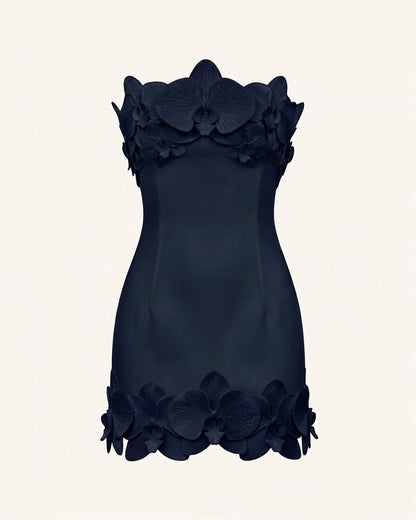 Orchid Trim Strapless Mini Dress - Dark Blue
