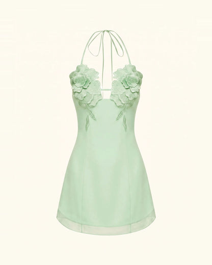 Flower Embroidered Mini Dress - Light Mint Green