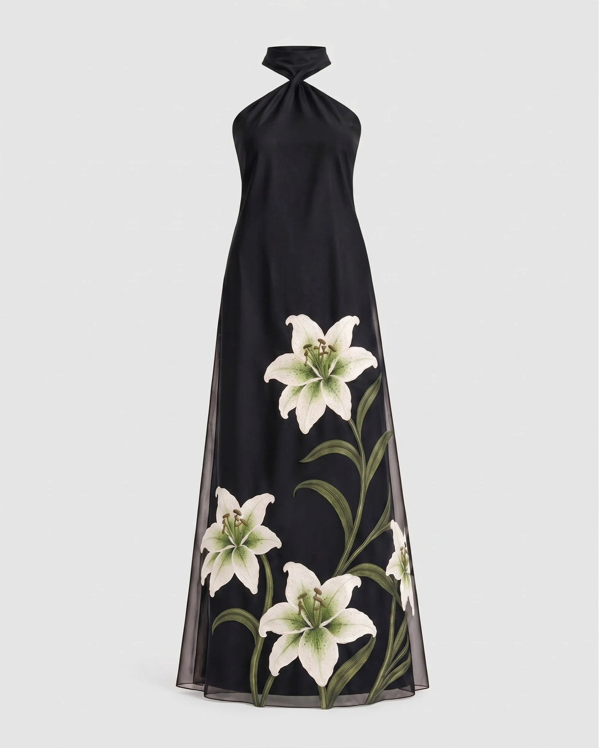 Lily Embroidered Ruched Halter Maxi Dress - Black