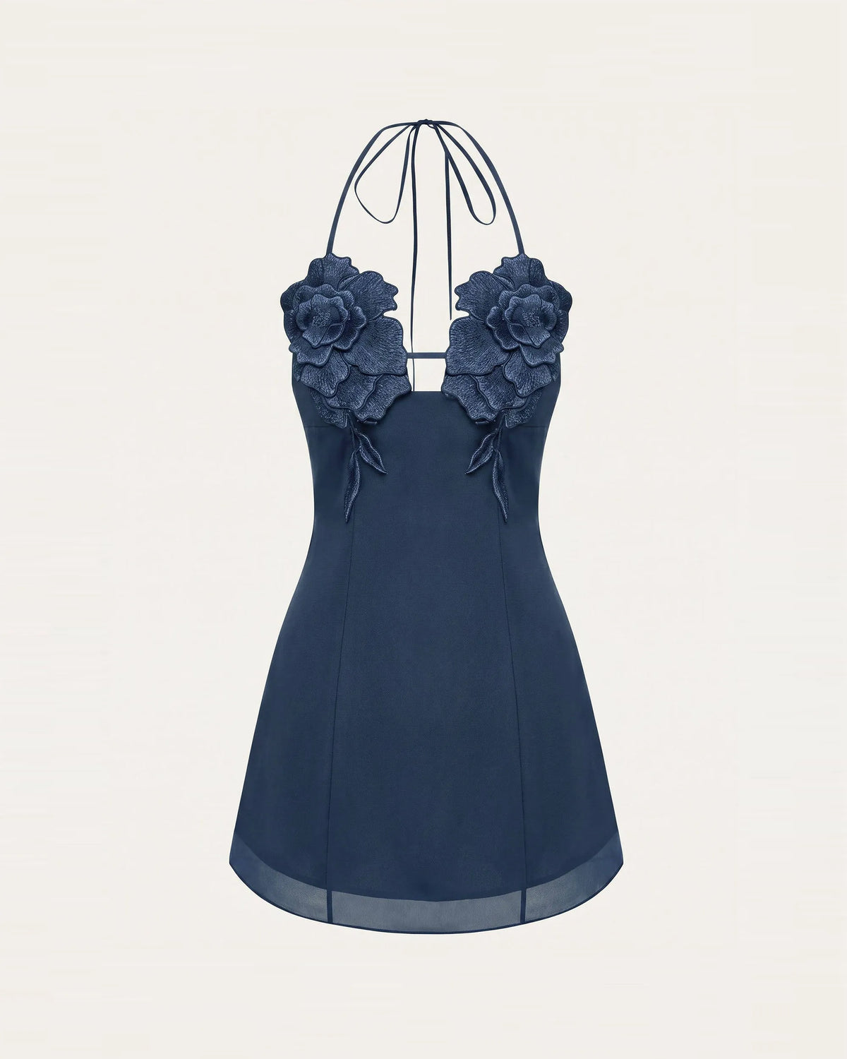Flower Embroidered Mini Dress - Dark Blue