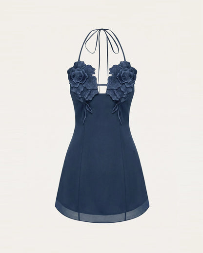 Flower Embroidered Mini Dress - Dark Blue