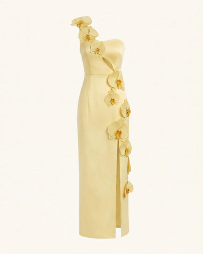 Orchid Embellished Cutout Slit Maxi Dress - Light Yellow