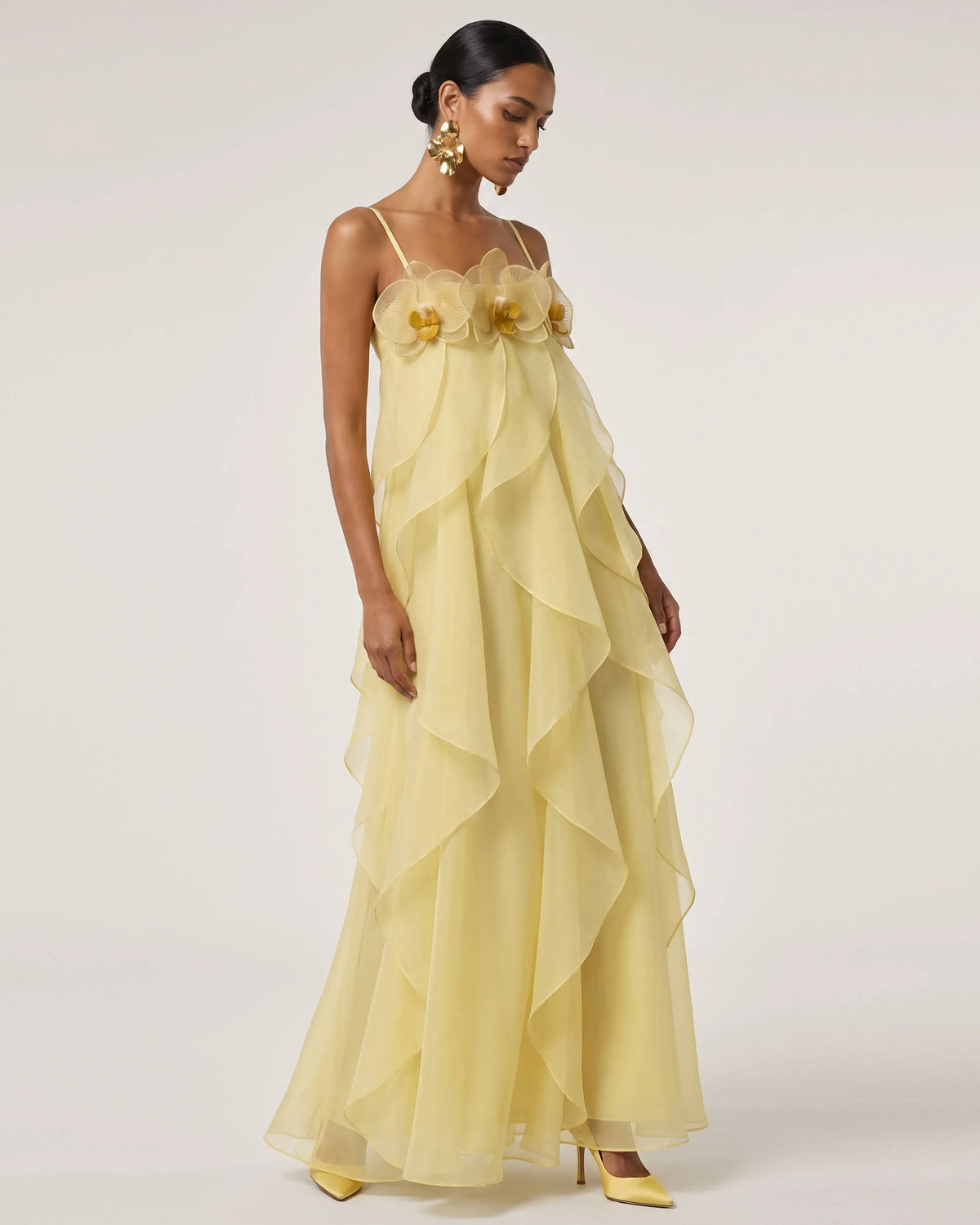 Orchid Embroidered Organza Maxi Dress - Light Yellow
