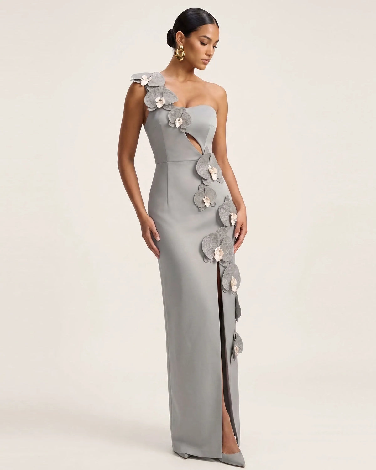 Orchid Embellished Cutout Slit Maxi Dress - Grey