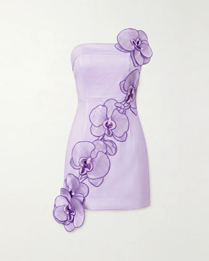 Orchid Embroidered Floral Appliqué Strapless Mini Dress - Light Purple