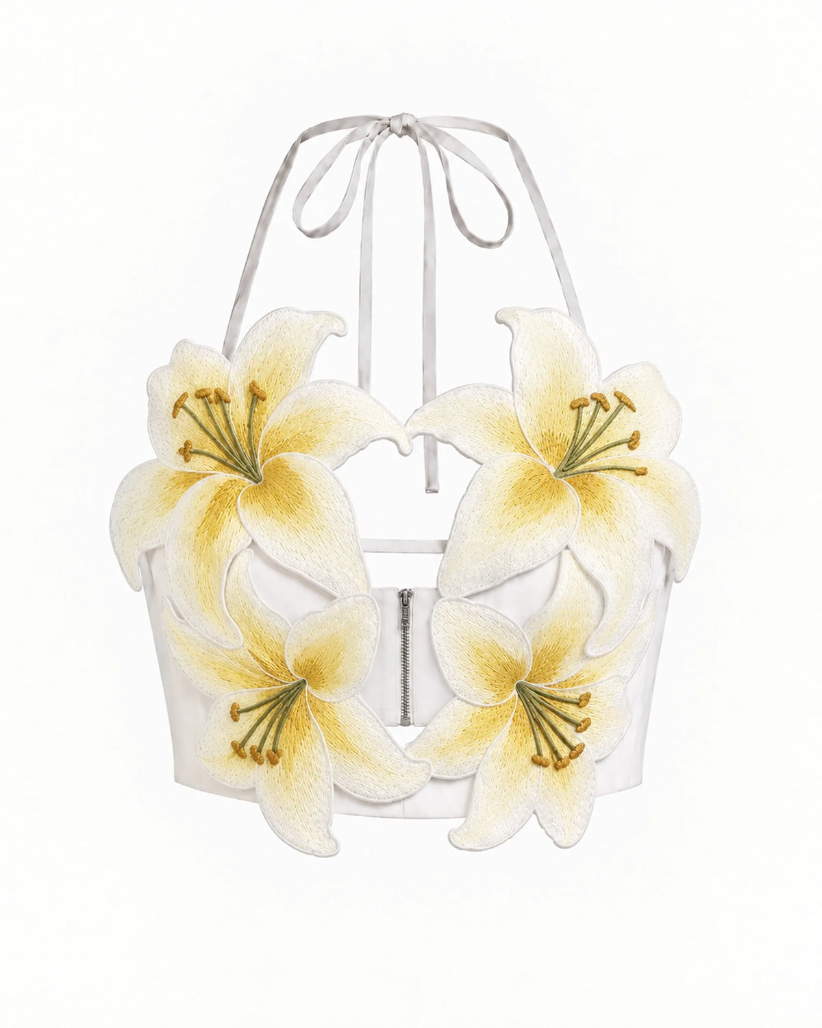 Lily Embroidered Halter Crop Top - White & Yellow