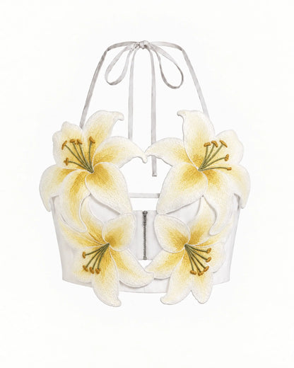 Lily Embroidered Halter Crop Top - White & Yellow