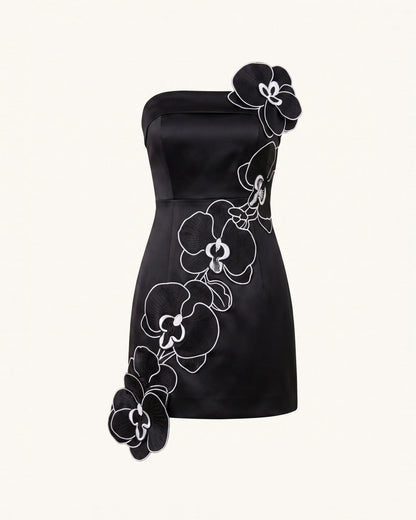 Orchid Embroidered Floral Appliqué Strapless Mini Dress - Black