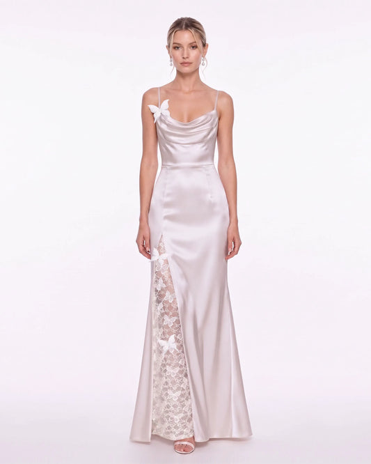 Butterfly Lace Panel Satin Cowl Maxi Dress - Ivory