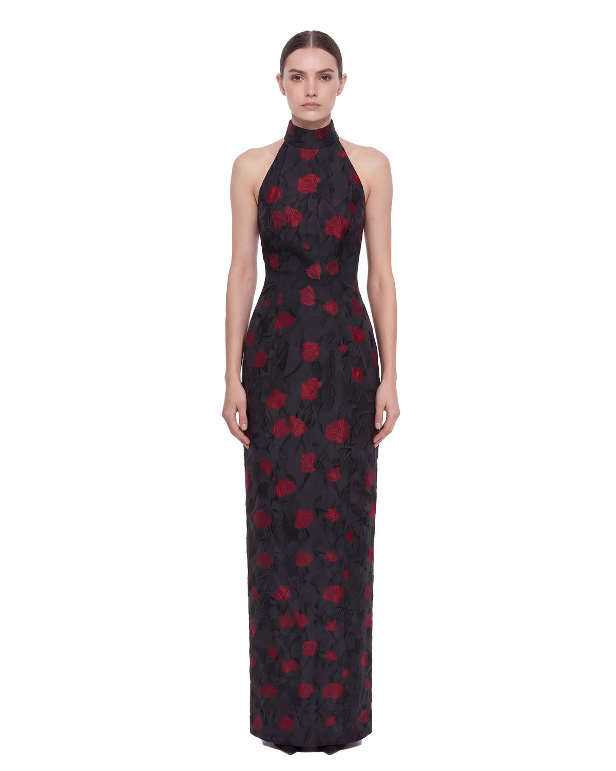 Floral Jacquard Halter Open-Back Maxi Dress - Black & Red