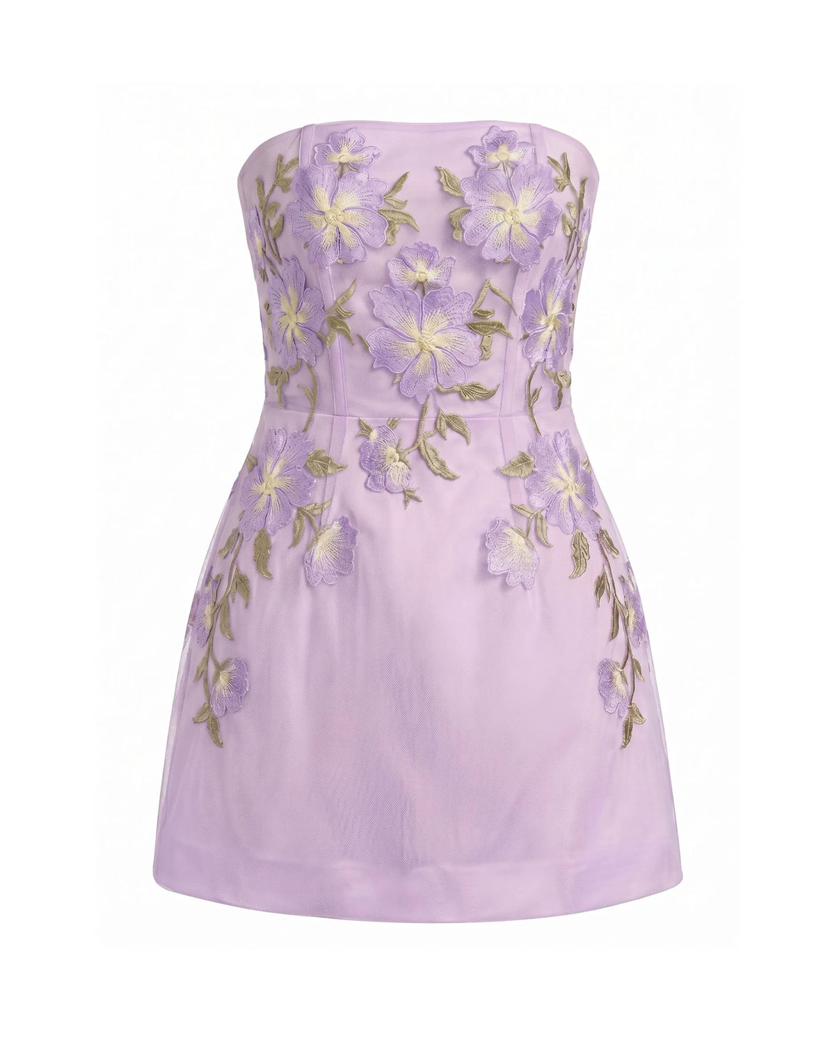 Floral Embroidered
Strapless Corset Mini Dress - Light Purple
