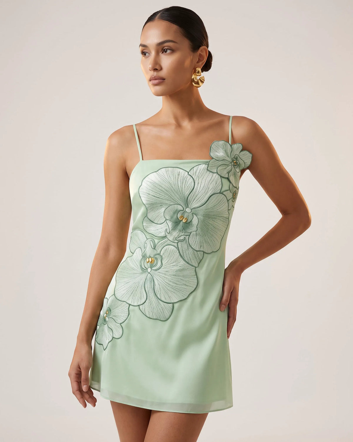 Orchid Appliqué Mini Dress - Mint Green