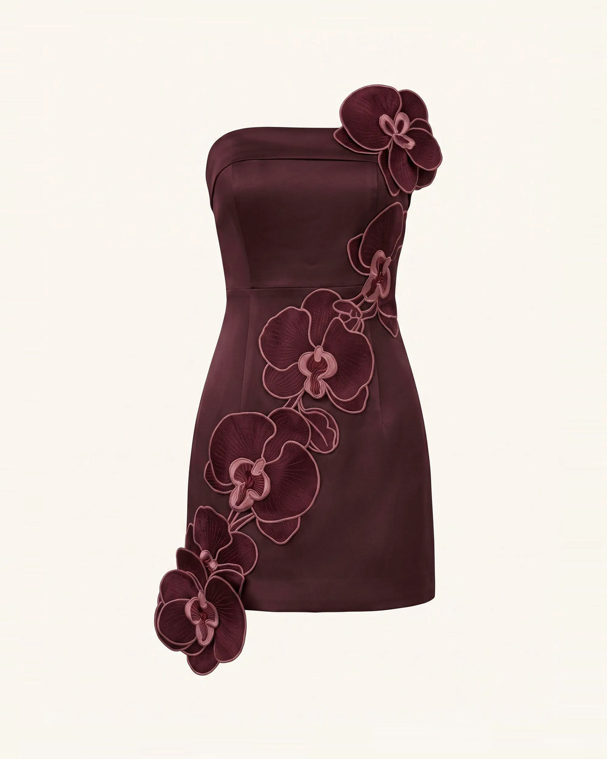 Orchid Embroidered Floral Appliqué Strapless Mini Dress - Burgundy