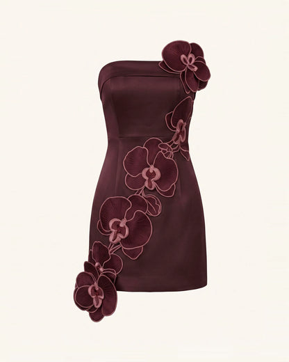 Orchid Embroidered Floral Appliqué Strapless Mini Dress - Burgundy