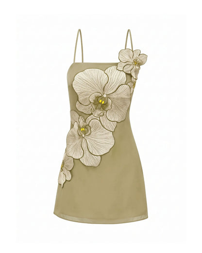 Orchid Appliqué Mini Dress - Light Khaki Grey