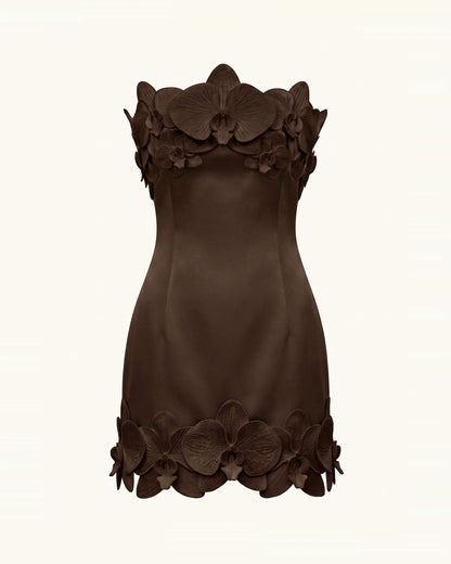 Orchid Trim Strapless Mini Dress - Brown