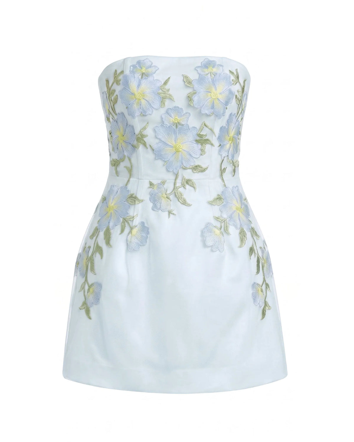 Floral Embroidered Strapless Corset Mini Dress - Light Blue