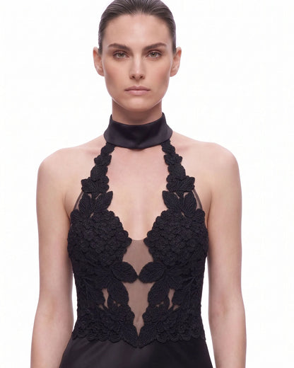 Floral Lace Halter Plunge-Neck Satin Maxi Dress - Black